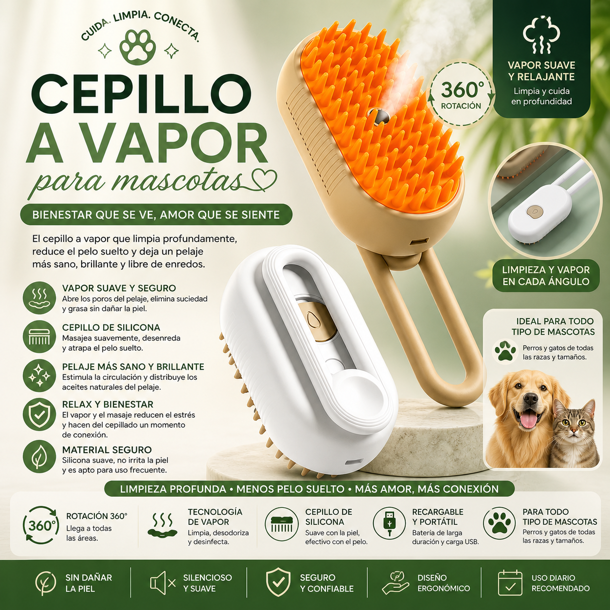 PulseBrush™ Cepillo a vapor para mascotas.